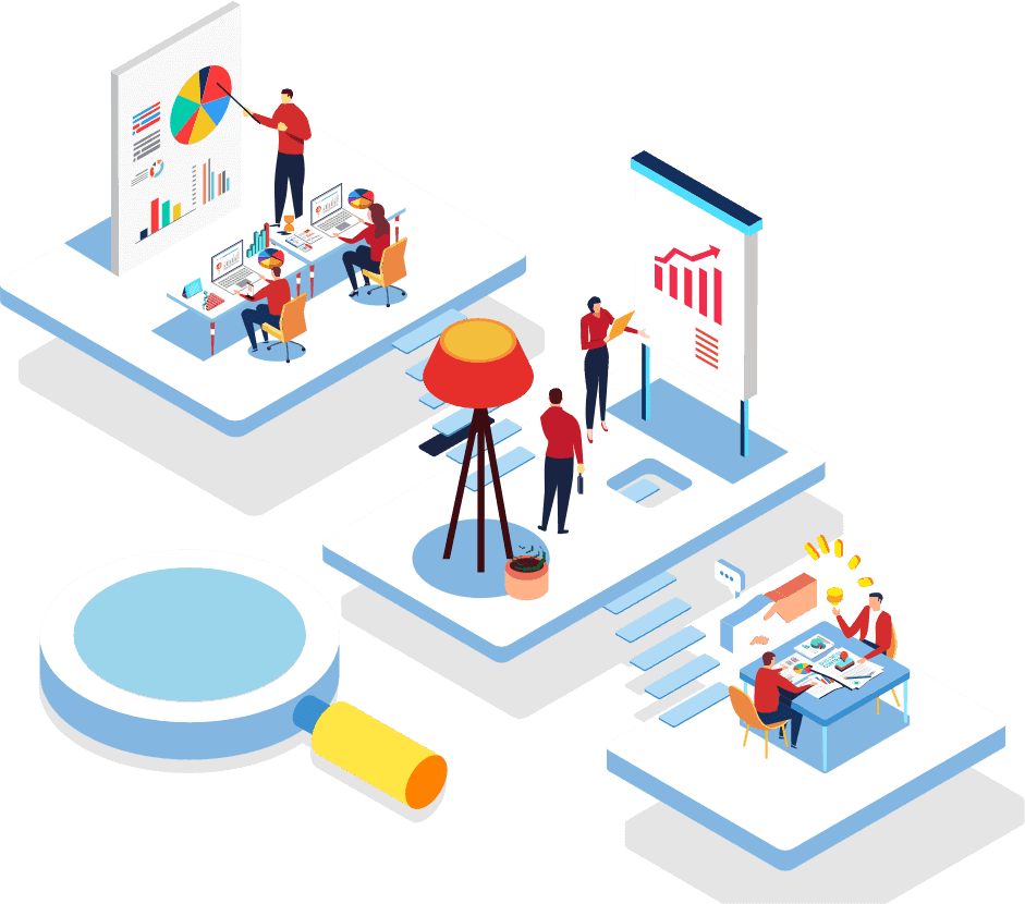 Illustration of a team reviewing reports and charts together